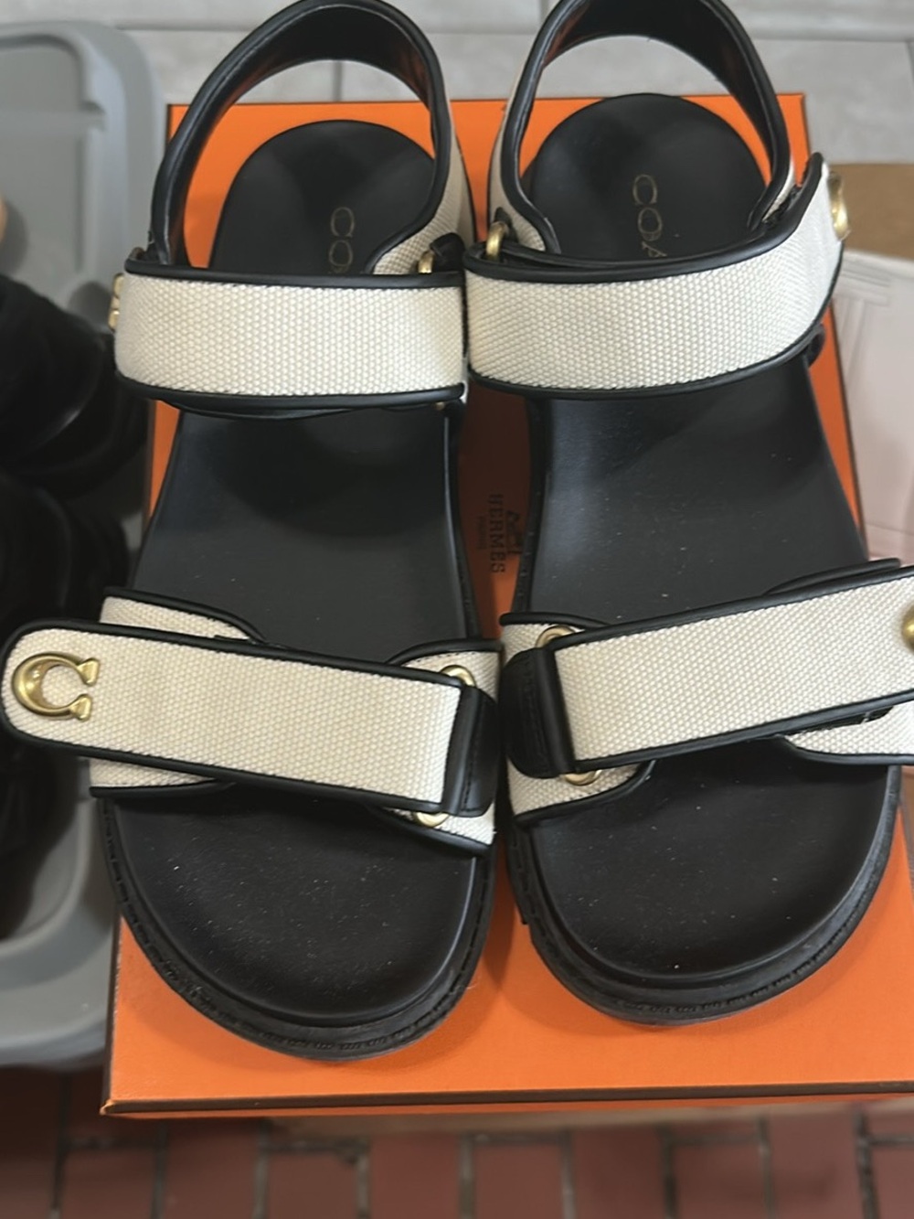 Coach Black & Ivory Canvas Strap Sandals with Gold Hardware
